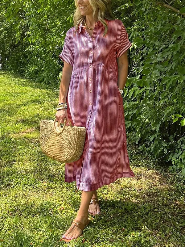 Women's Midi Dress with Button-Up Front and Vertical Stripes