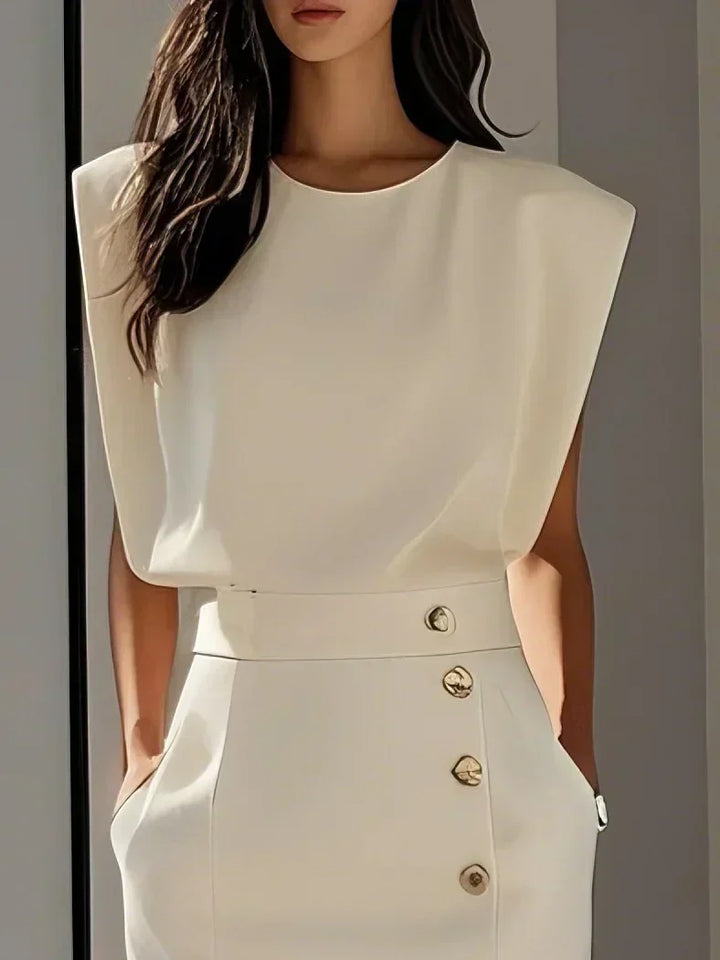 Women's Structured Midi Dress with Side Button Detail and Front Slit