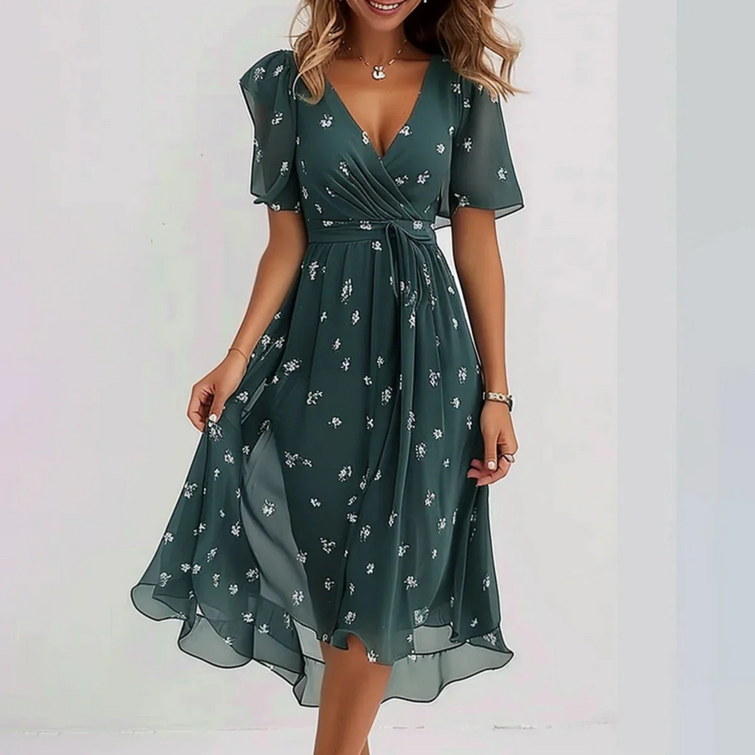 Women's Floral Wrap Midi Dress with Tie Waist