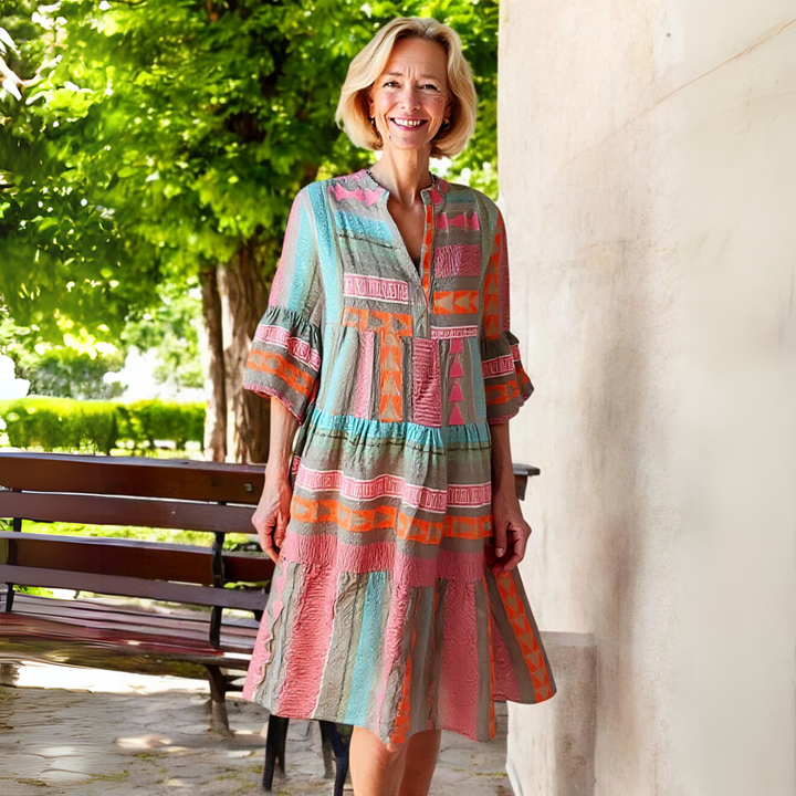 Women's Tiered Printed Mini Dress with 3/4 Sleeves