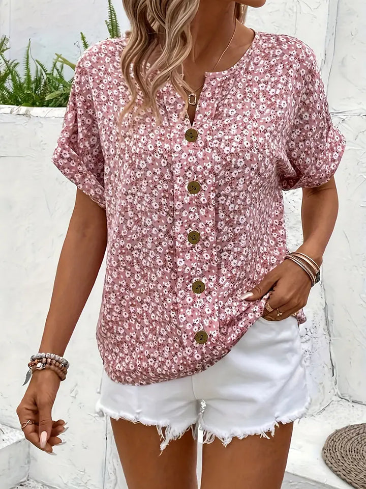 Women's Pink Floral Print Blouse with Notched Neckline