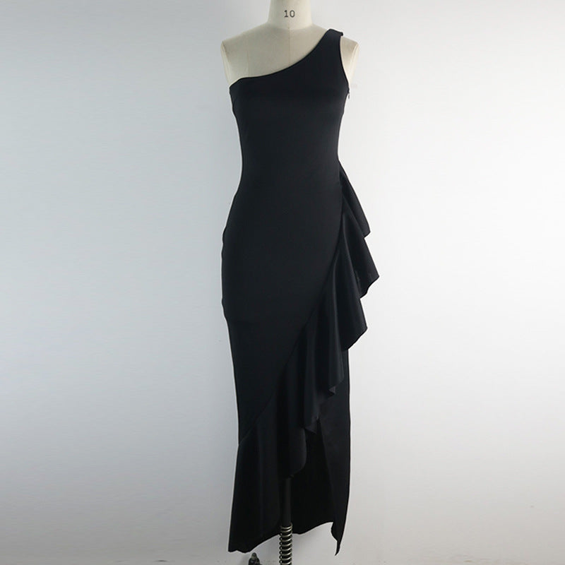 Women elegant asymmetrical maxi dress with ruffles and slit StylebySassy
