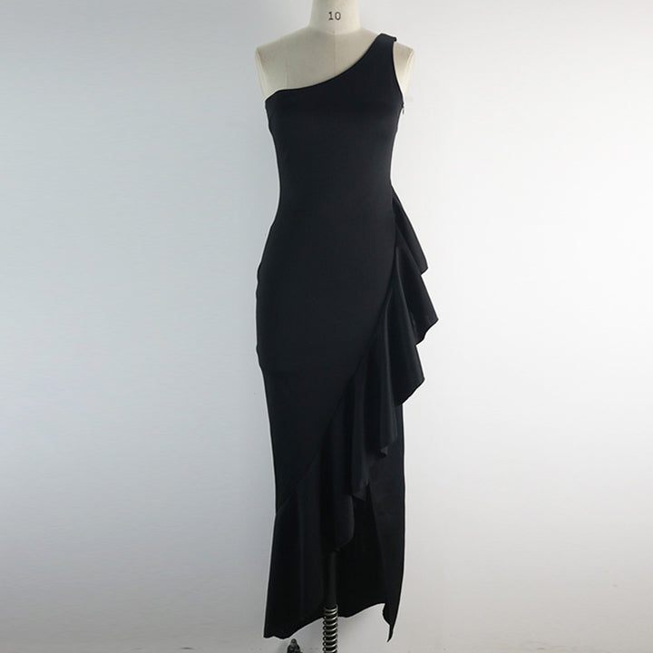 Women elegant asymmetrical maxi dress with ruffles and slit StylebySassy