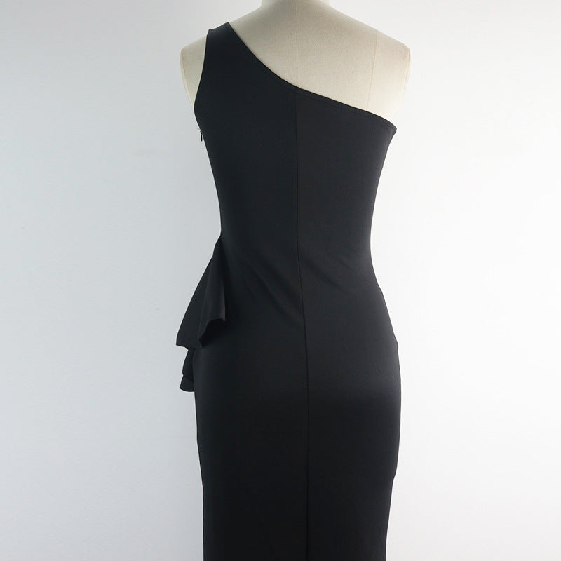 Women elegant asymmetrical maxi dress with ruffles and slit StylebySassy