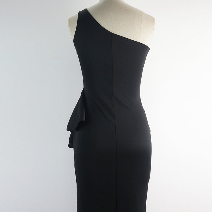Women elegant asymmetrical maxi dress with ruffles and slit StylebySassy