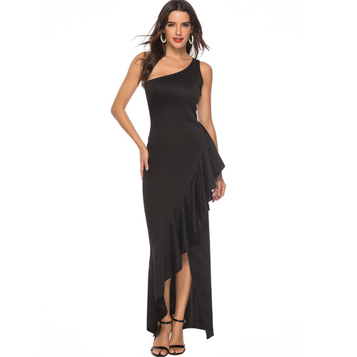 Women elegant asymmetrical maxi dress with ruffles and slit StylebySassy
