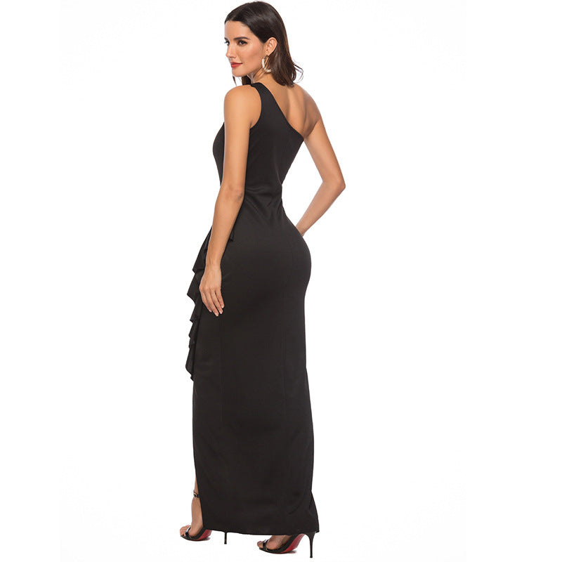 Women elegant asymmetrical maxi dress with ruffles and slit StylebySassy