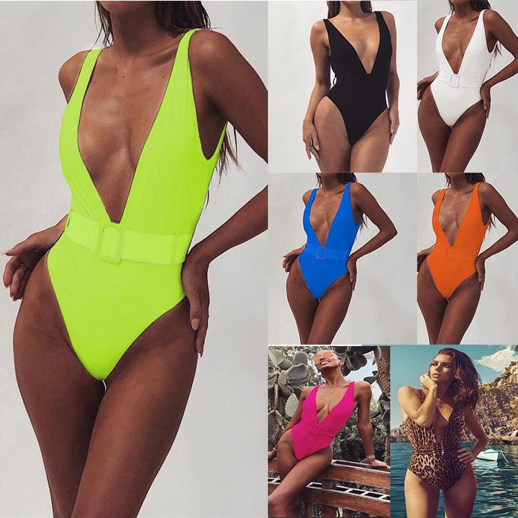 Women's One-Piece Swimsuit with Glamorous V-Neck and Stylish Belt Detail StylebySassy
