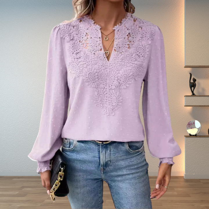Women's Long Sleeve Blouse with V-Neck and Lace Detail