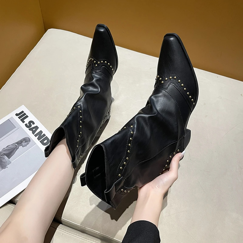 Women's Ankle Boots with Low Heel and Studded Detail