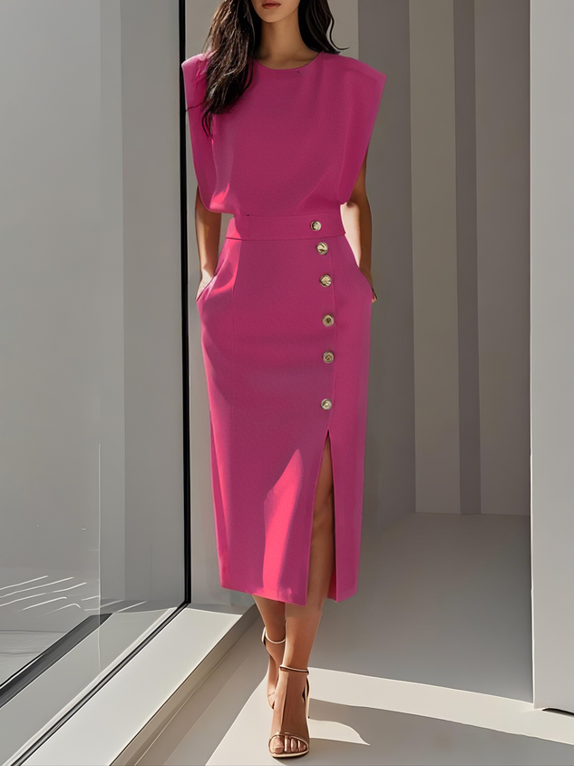 Women's Structured Midi Dress with Side Button Detail and Front Slit