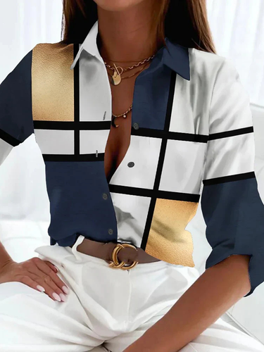 Women's Collared Button-Down Blouse with Printed Pattern