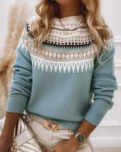 Women's Long Sleeve Fair Isle Sweater with Ribbed Cuffs
