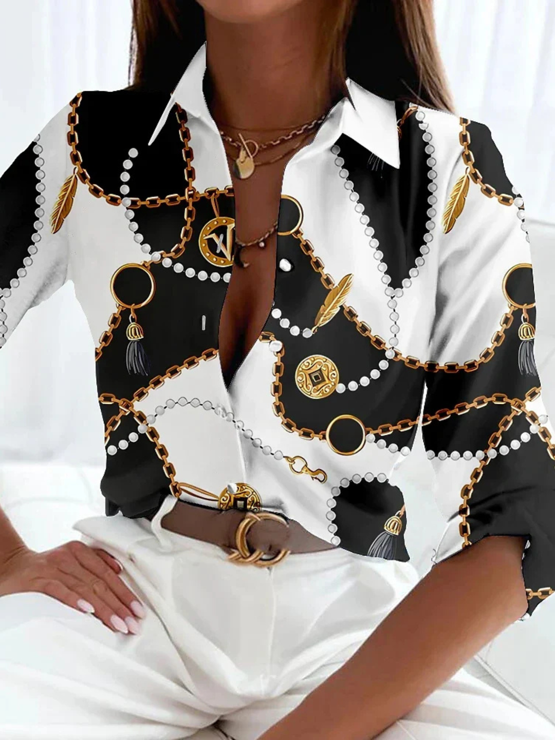 Women’s Blouse | Grid Pattern Cuffed Sleeves