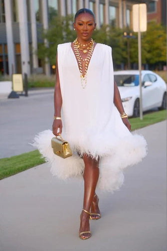 Women's White V-Neck Shift Dress with Textured Hem
