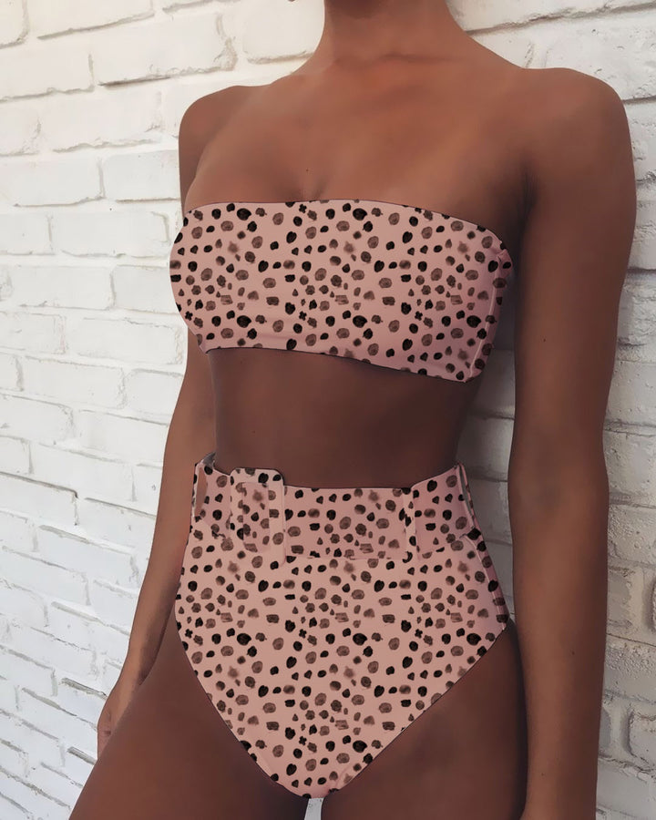 Women High-waisted Bandeau Bikini Set with trendy leopard print StylebySassy