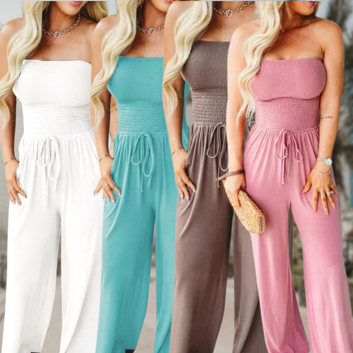 Women's Strapless Jumpsuit with Smocked Top and Wide Legs