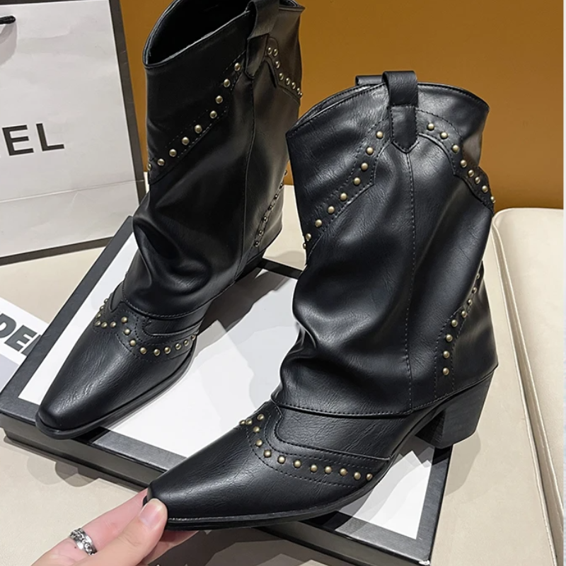 Women's Ankle Boots with Low Heel and Studded Detail