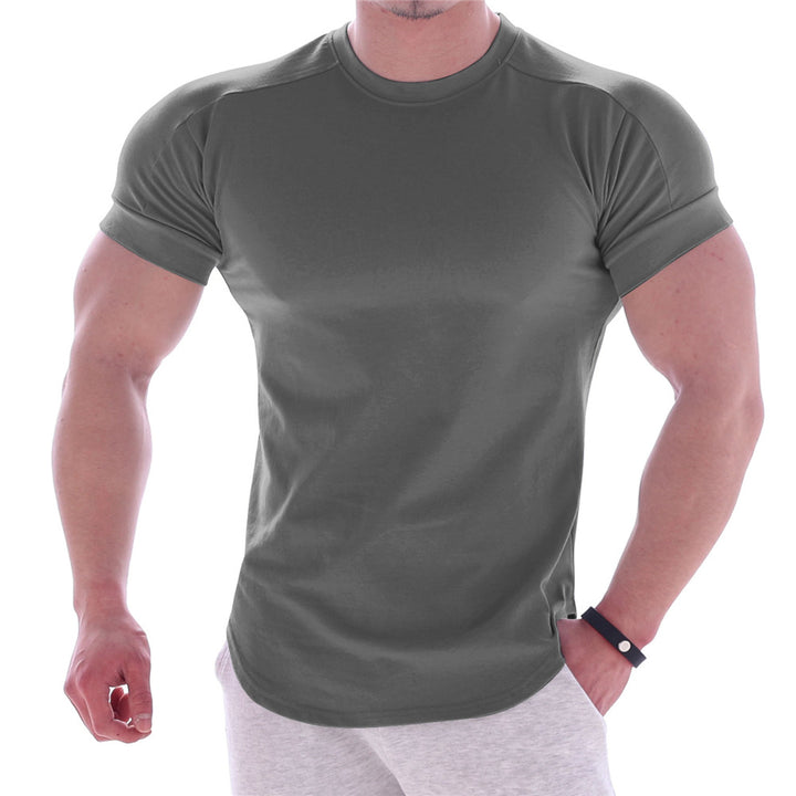Men's body-hugging short-sleeve shirt made of cotton-elastane mix with round neckline and rounded hem StylebySassy