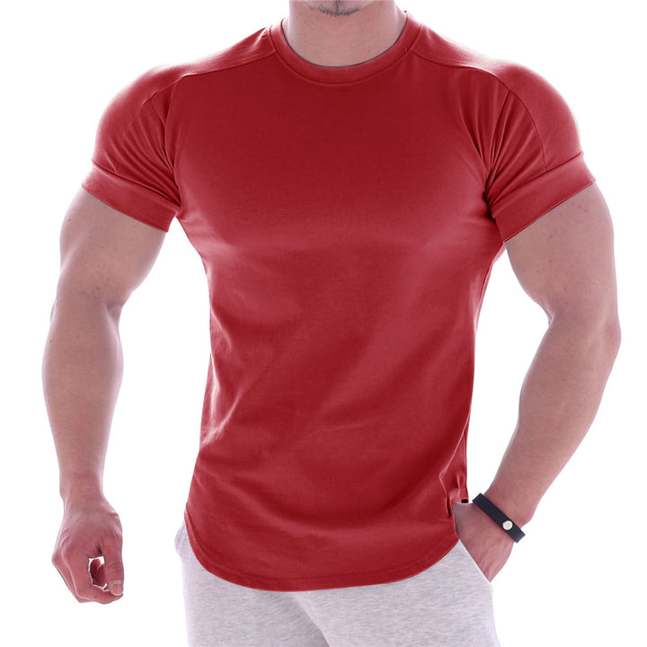 Men's body-hugging short-sleeve shirt made of cotton-elastane mix with round neckline and rounded hem StylebySassy