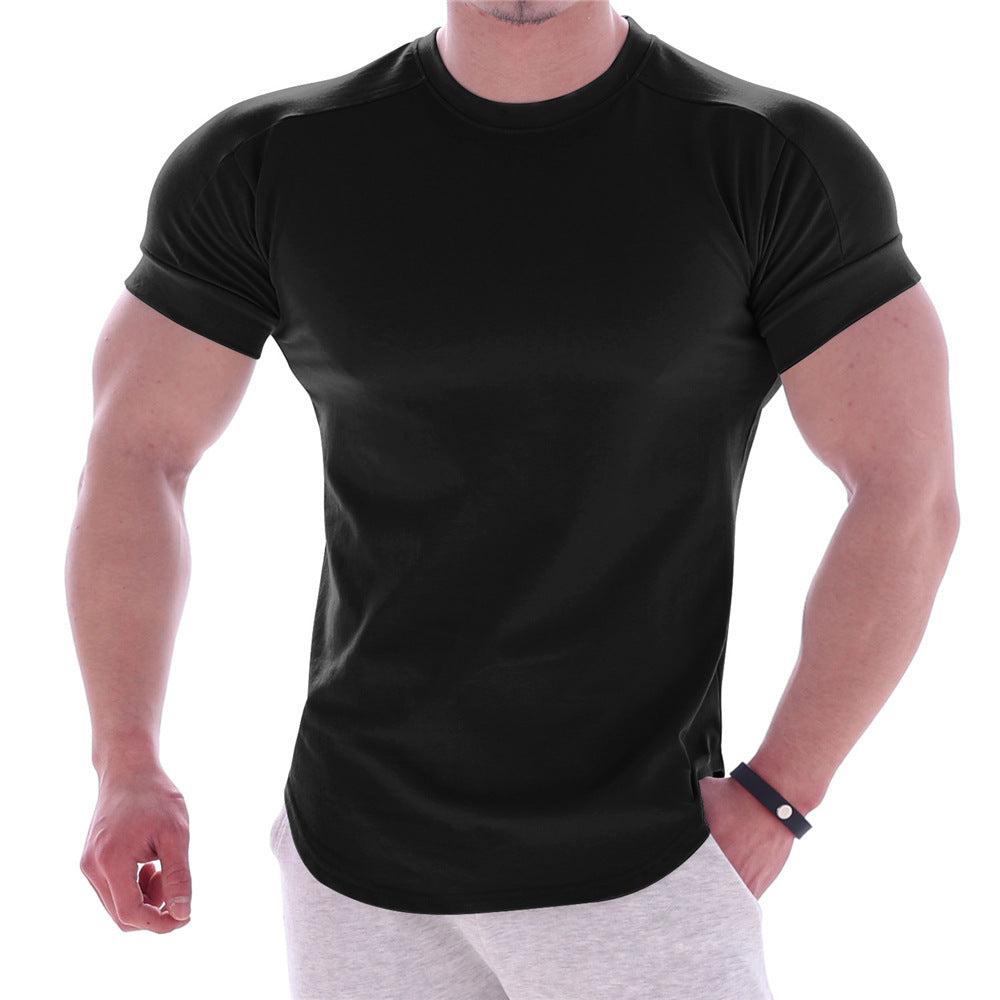 Men's body-hugging short-sleeve shirt made of cotton-elastane mix with round neckline and rounded hem StylebySassy