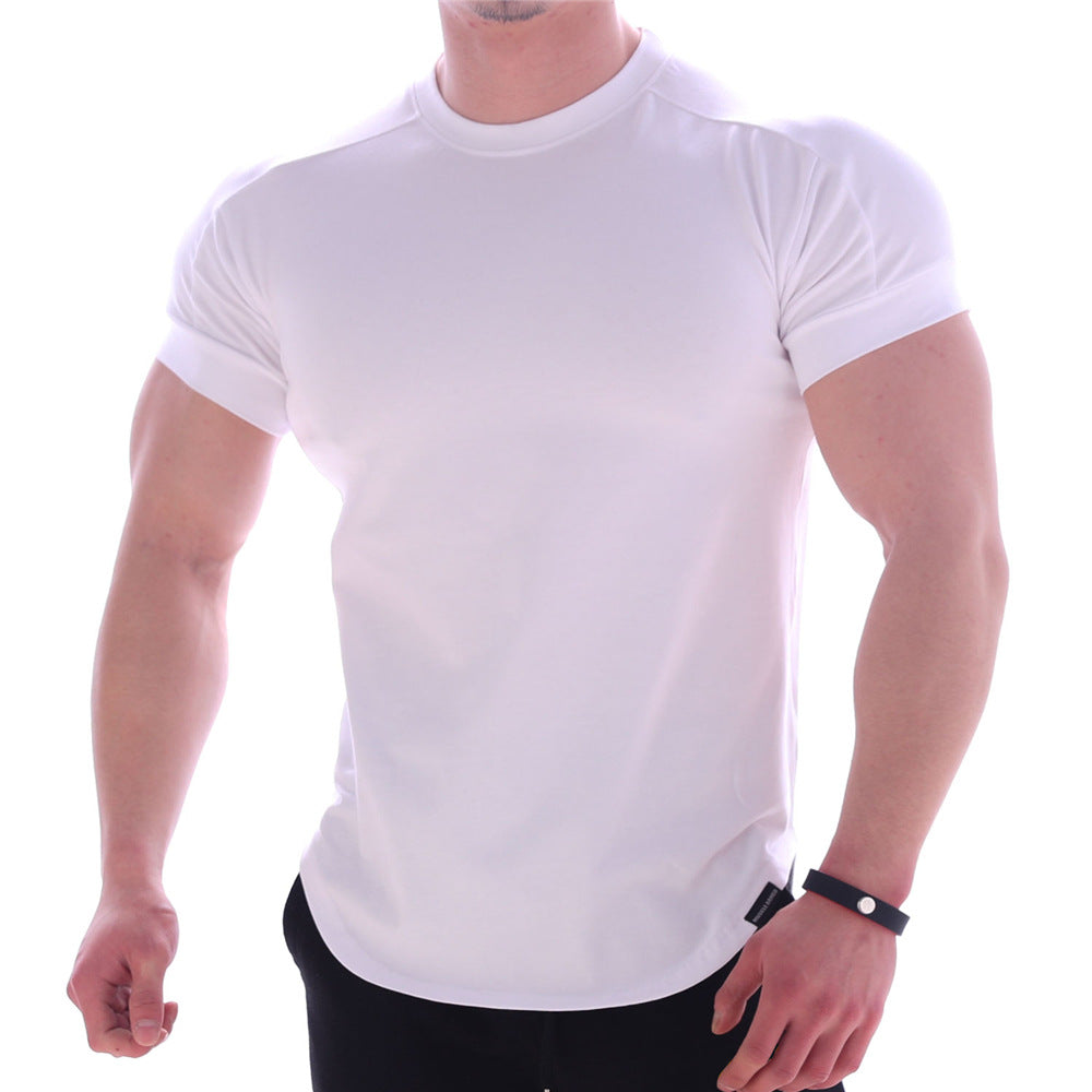 Men's body-hugging short-sleeve shirt made of cotton-elastane mix with round neckline and rounded hem StylebySassy
