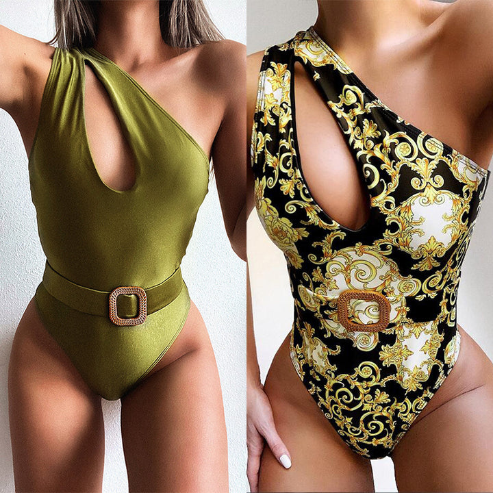 Women's Cut-Out One-Piece Swimsuit with Asymmetrical Design and Waist Belt StylebySassy