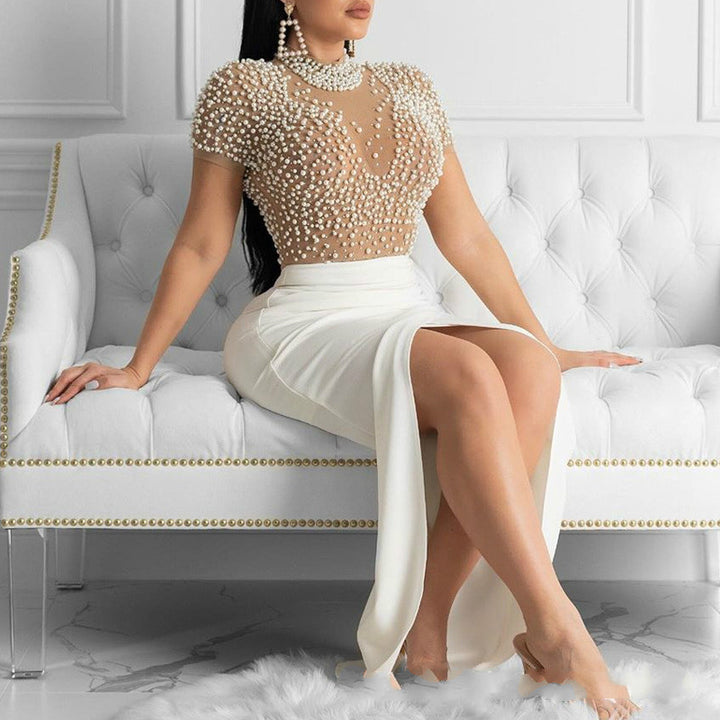 Ladies Elegant Dress with Transparent Puff Sleeves and Pearl Accents StylebySassy