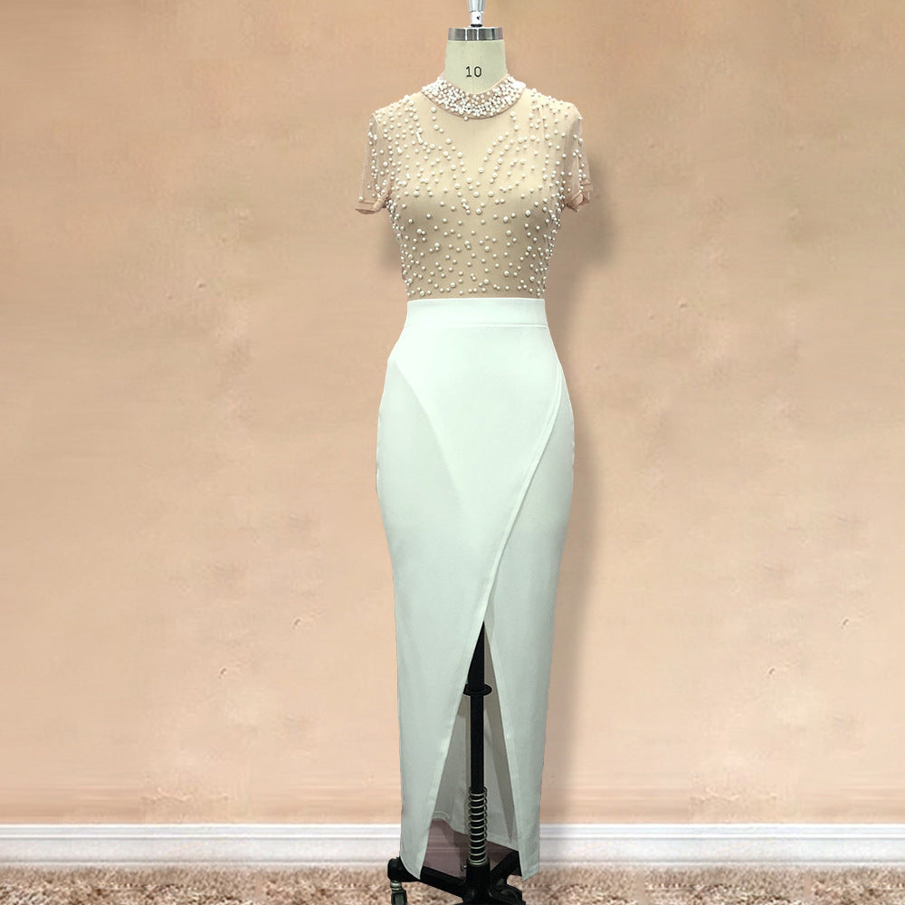 Ladies Elegant Dress with Transparent Puff Sleeves and Pearl Accents StylebySassy