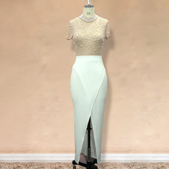 Ladies Elegant Dress with Transparent Puff Sleeves and Pearl Accents StylebySassy