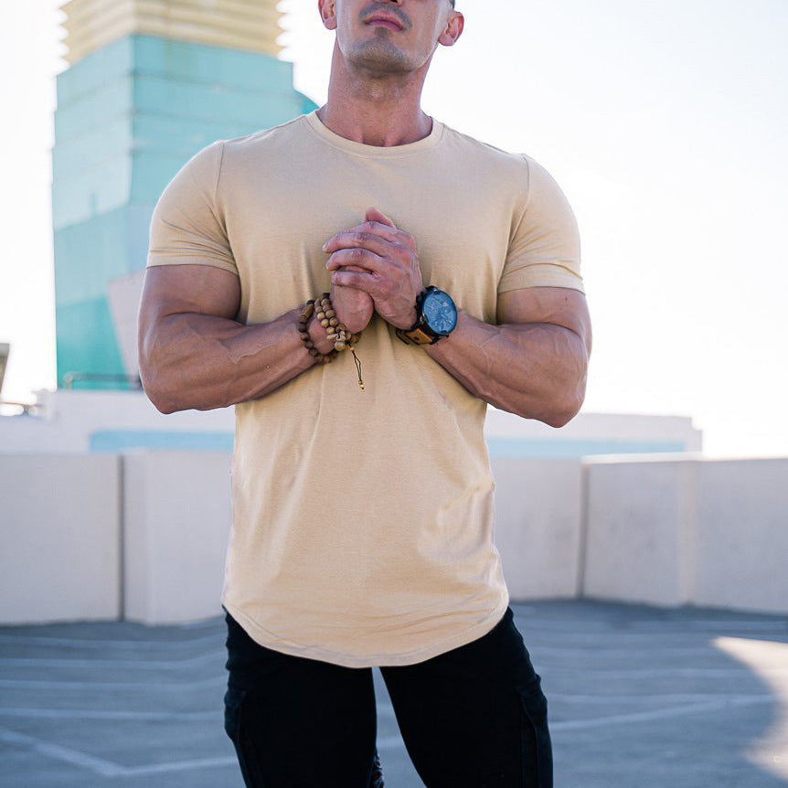Men's fitted short-sleeve shirt made of elastic cotton blend with extended hem StylebySassy