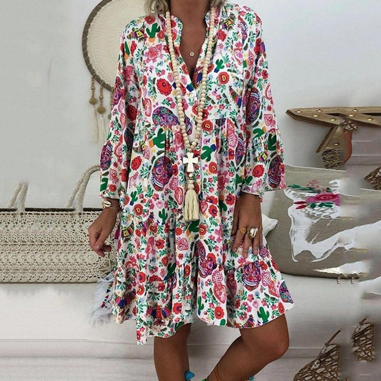 Women's A-line tunic mini dress with V-neck, tiered ruffles, and Boho bandana print StylebySassy