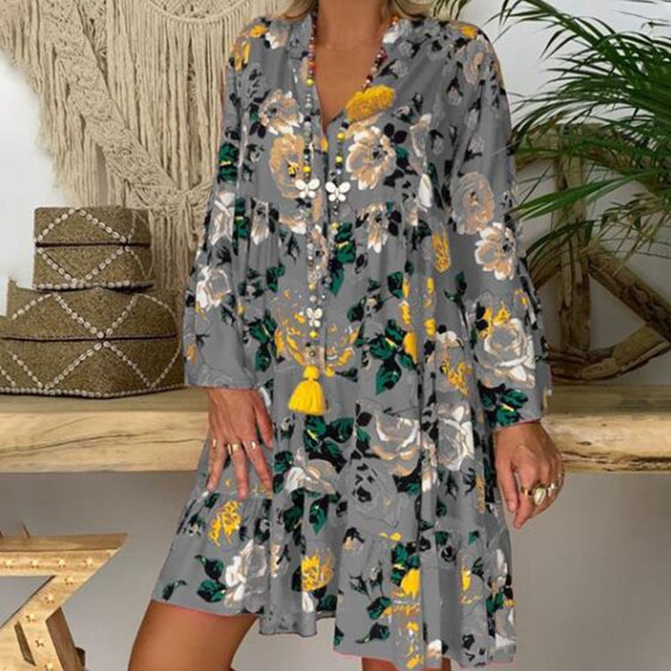 Women's A-line tunic mini dress with V-neck, tiered ruffles, and Boho bandana print StylebySassy