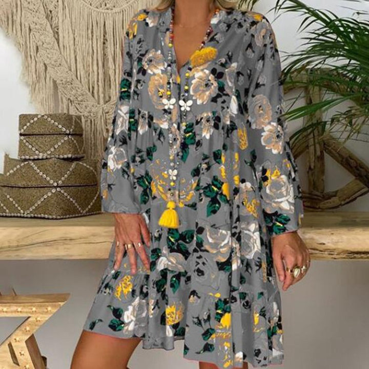 Women's A-line tunic mini dress with V-neck, tiered ruffles, and Boho bandana print StylebySassy