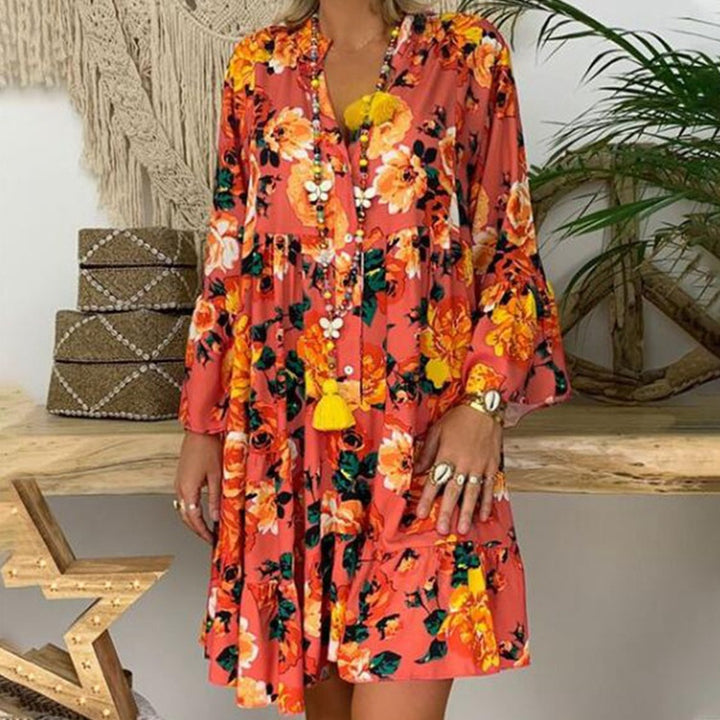 Women's A-line tunic mini dress with V-neck, tiered ruffles, and Boho bandana print StylebySassy
