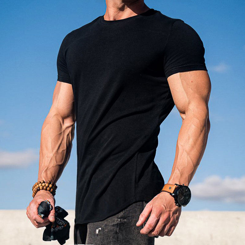 Men's fitted short-sleeve shirt made of elastic cotton blend with extended hem StylebySassy