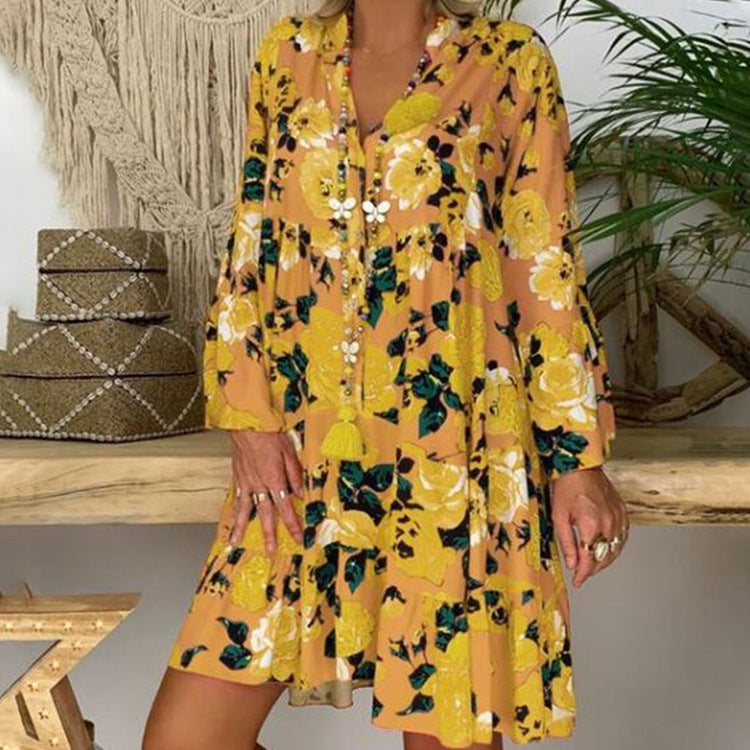 Women's A-line tunic mini dress with V-neck, tiered ruffles, and Boho bandana print StylebySassy