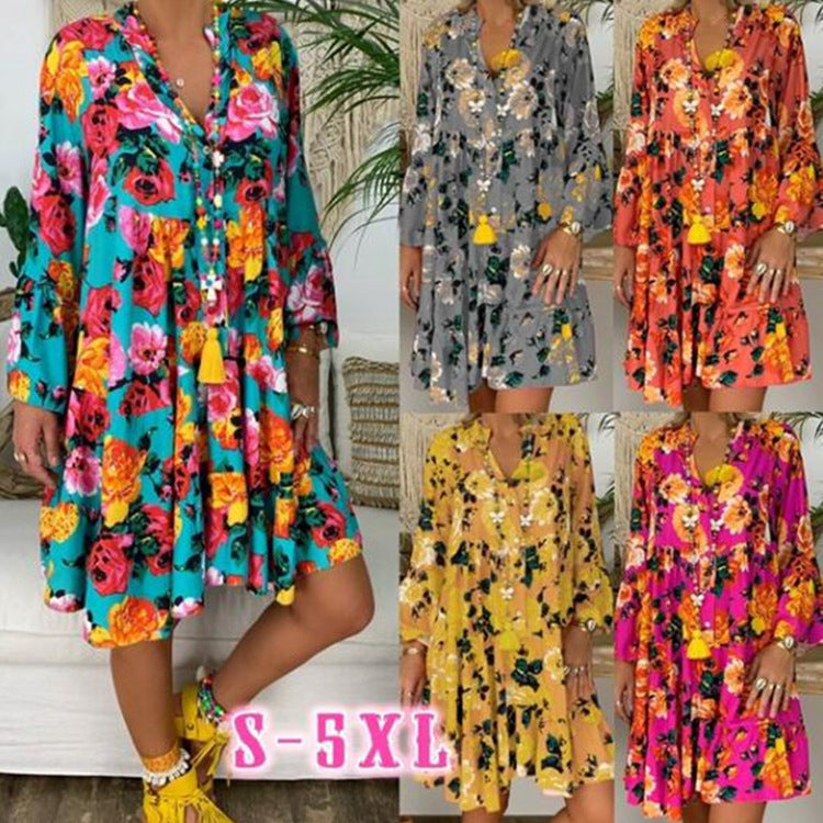 Women's A-line tunic mini dress with V-neck, tiered ruffles, and Boho bandana print StylebySassy