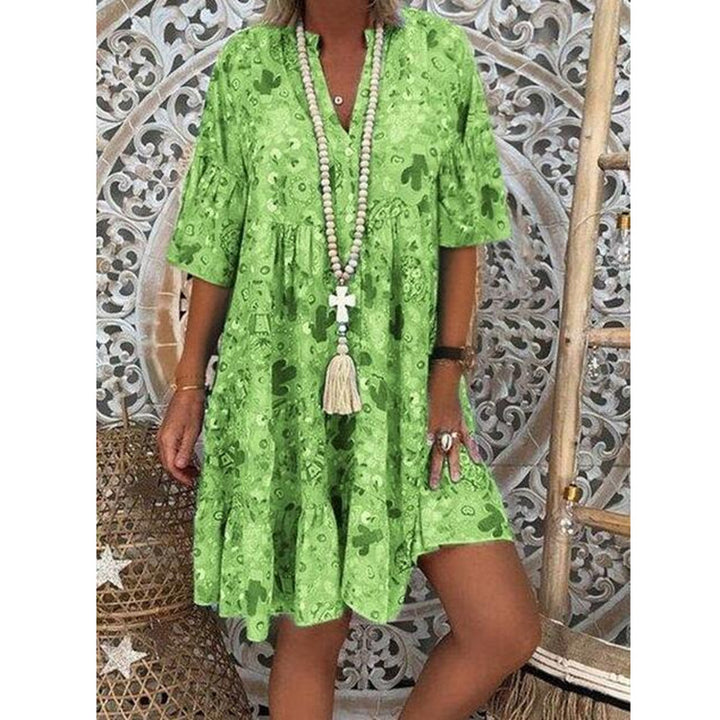Women's A-line tunic mini dress with V-neck, tiered ruffles, and Boho bandana print StylebySassy