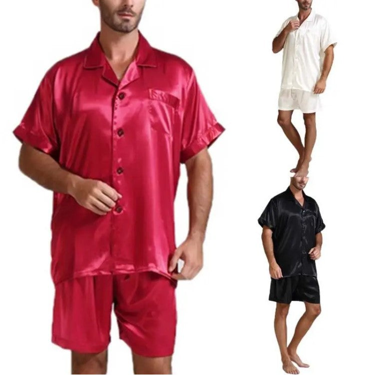Unisex nan silky-shiny short-sleeve pajama set with shirt collar and elastic waistband StylebySassy