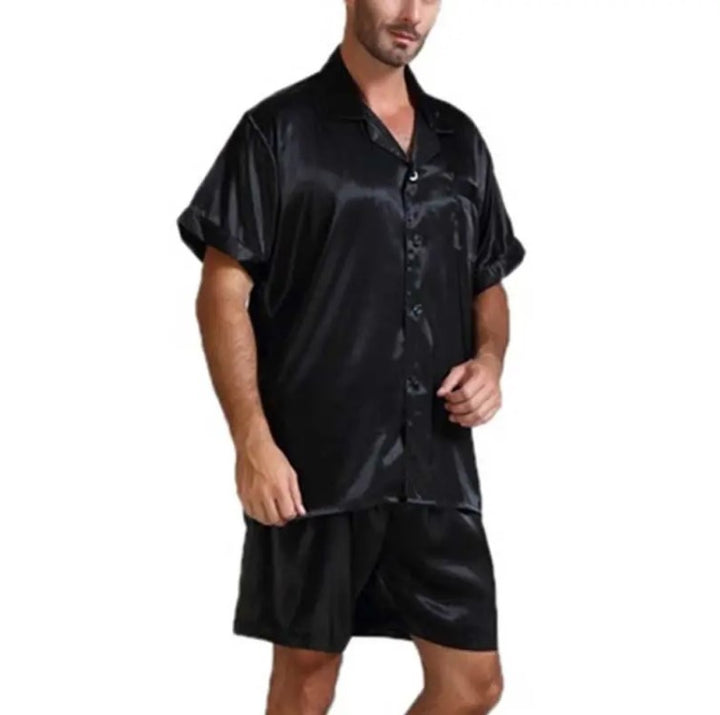 Unisex nan silky-shiny short-sleeve pajama set with shirt collar and elastic waistband StylebySassy