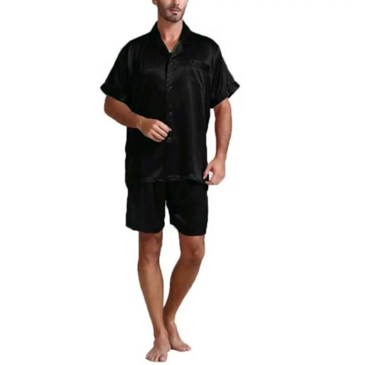 Unisex nan silky-shiny short-sleeve pajama set with shirt collar and elastic waistband StylebySassy