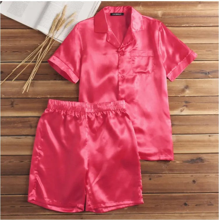 Unisex nan silky-shiny short-sleeve pajama set with shirt collar and elastic waistband StylebySassy