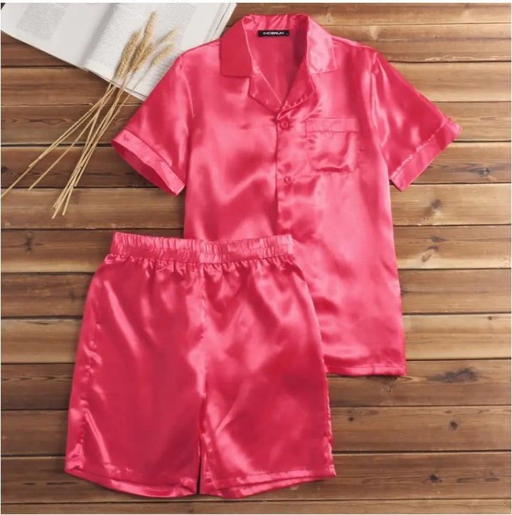 Unisex nan silky-shiny short-sleeve pajama set with shirt collar and elastic waistband StylebySassy