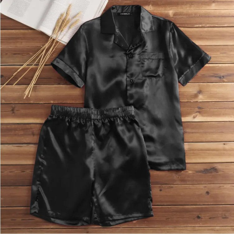 Unisex nan silky-shiny short-sleeve pajama set with shirt collar and elastic waistband StylebySassy