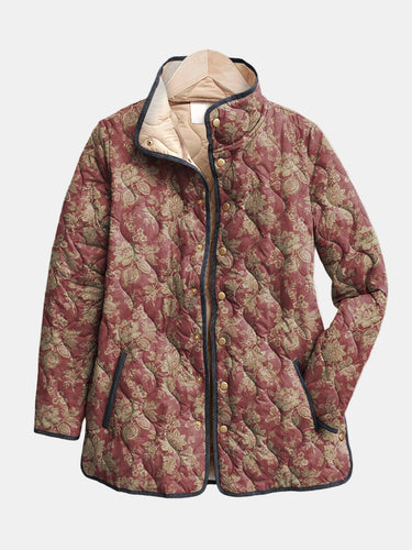 Women's Quilted Jacket with Retro Floral and Stand Collar