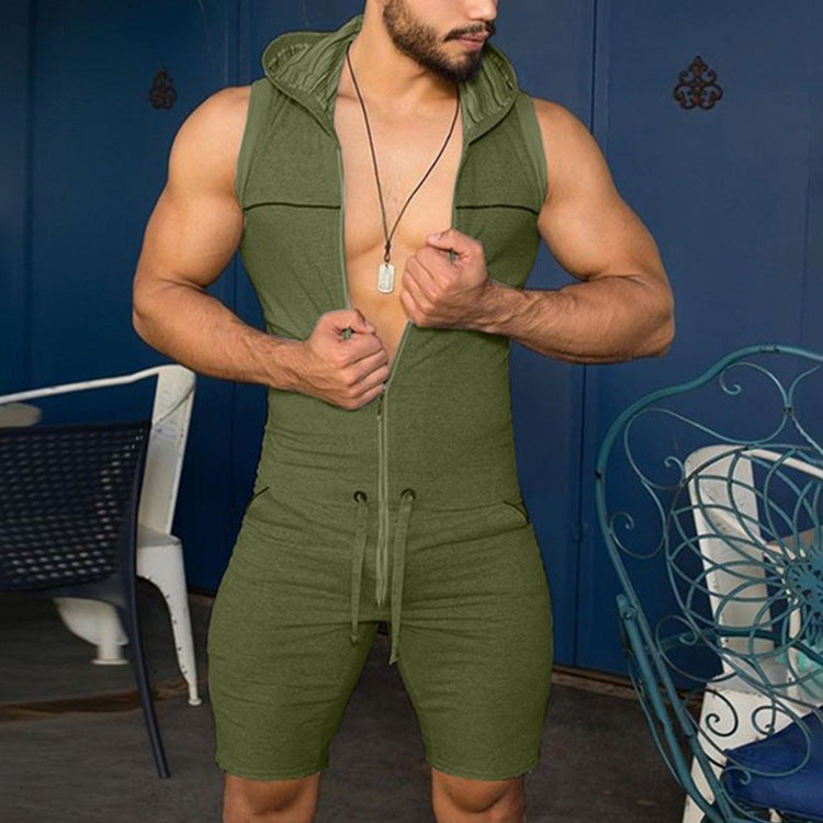 Men's sleeveless hooded overall with full zipper and drawstring StylebySassy