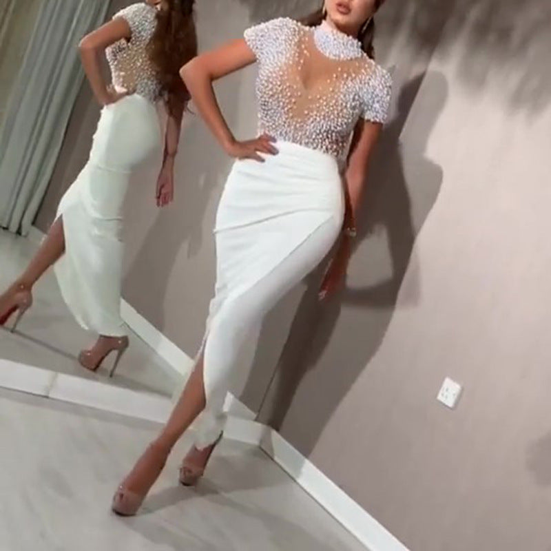 Ladies Elegant Dress with Transparent Puff Sleeves and Pearl Accents StylebySassy