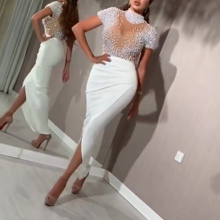 Ladies Elegant Dress with Transparent Puff Sleeves and Pearl Accents StylebySassy