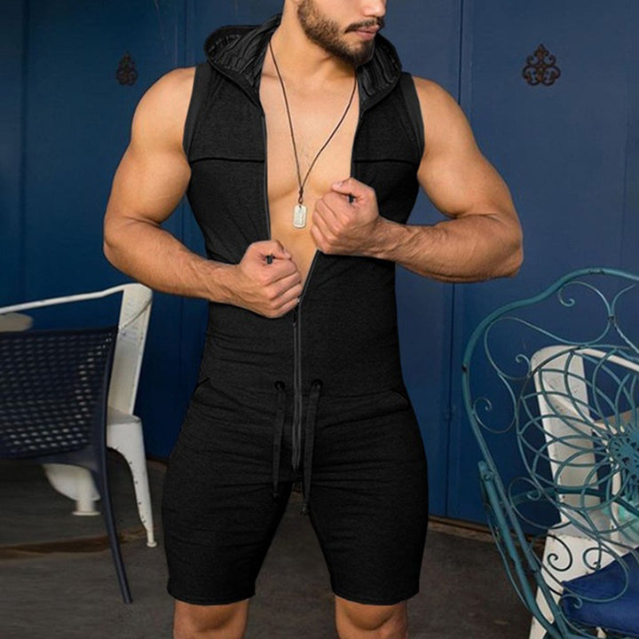 Men's sleeveless hooded overall with full zipper and drawstring StylebySassy